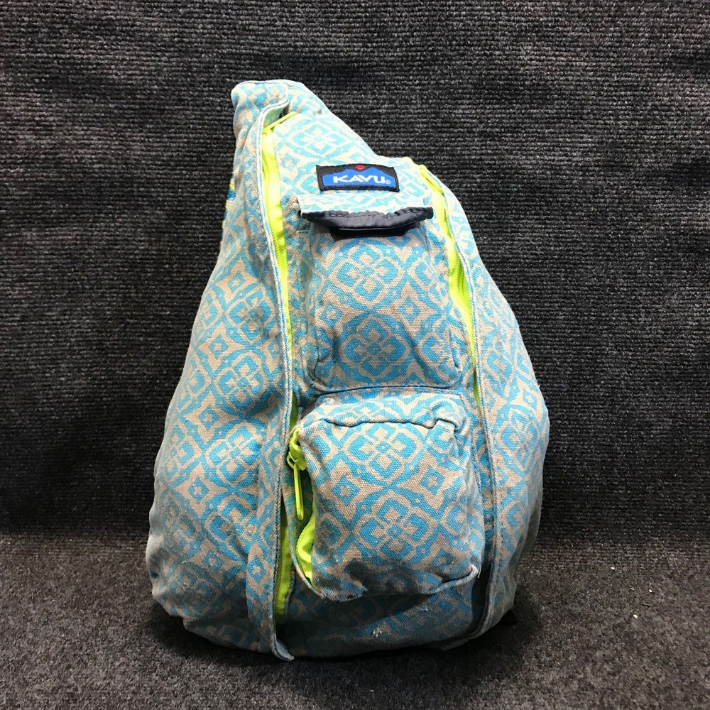 KAVU Rope Sling Bag Blue Tan Geometric Cross Body Outdoor Travel Backpack‎